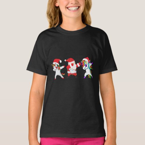 Dabbing Unicorn Santa Christmas Kids Girls  T_Shirt