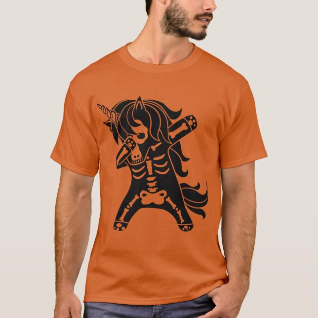 Dabbing Unicorn Skeleton Cool Funny Halloween T-Shirt (Front)