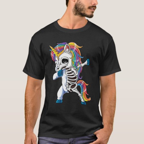 Dabbing Unicorn Skeleton T Halloween Girls Dab Gif T_Shirt
