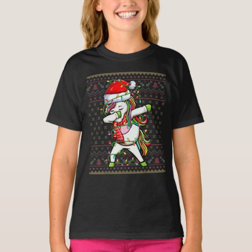 Dabbing Unicorn Xmas Lights Santa Hat Christmas T_Shirt