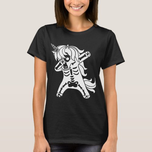 Dabbing White Unicorn Skeleton Halloween Spooky T_Shirt