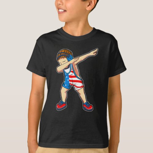 Dabbing Wrestling Boy Wrestler US Flag T_Shirt