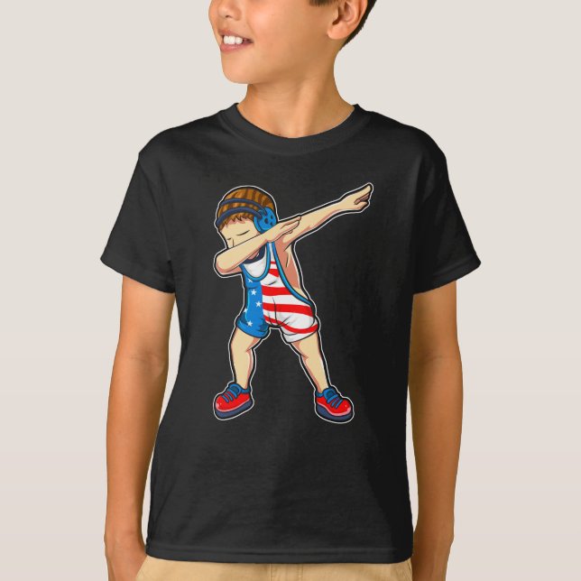 Dabbing Wrestling Boy Wrestler US Flag T-Shirt (Front)