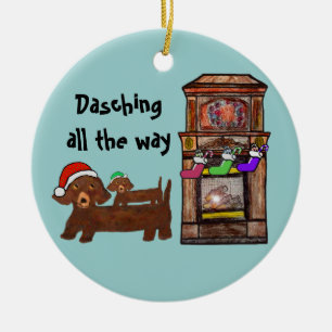 Dachshing all the way ceramic ornament