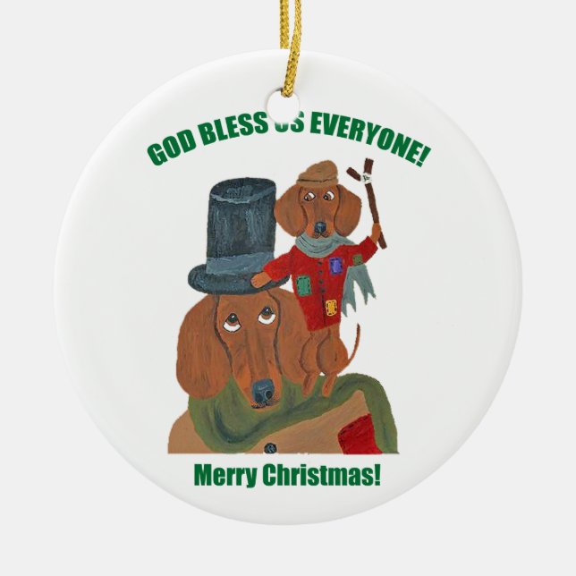 Dachshund "A Christmas Carol" Tiny Tim Ceramic Ornament (Front)