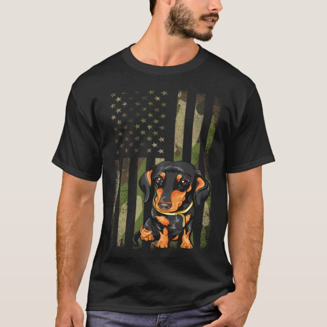 Dachshund American Flag Camouflage 4th July Wiener T-Shirt (Front)