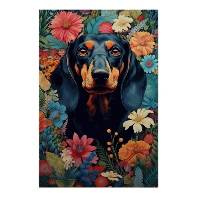 Dachshund Amidst A Symphony Of Flowers Poster (Front)