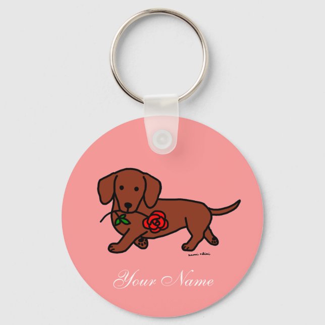 Dachshund and a flower cartoon keychain (Front)