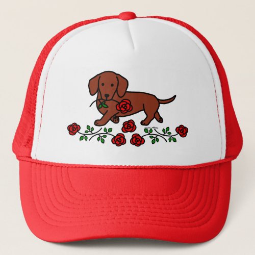 Dachshund and a flower cartoon trucker hat