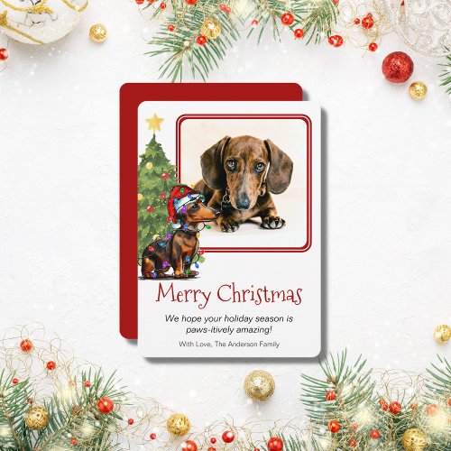 Dachshund and Christmas Tree Pet Dog One Photo Holiday Card