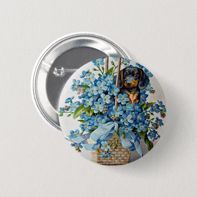Dachshund and Forget-Me-Nots Button (Front & Back)