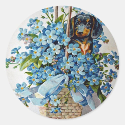 Dachshund and Forget_Me_Nots Classic Round Sticker