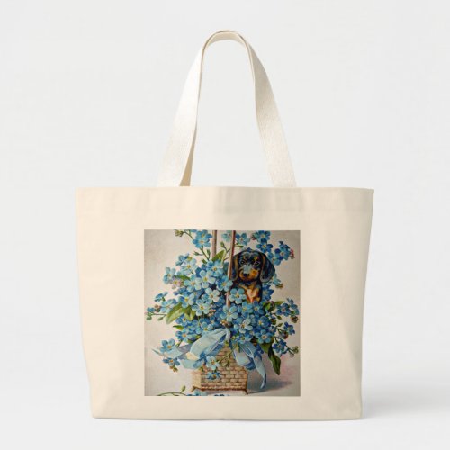 Dachshund and Forget_Me_Nots Large Tote Bag