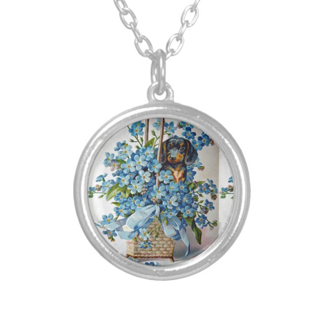 Dachshund and Forget-Me-Nots Silver Plated Necklace (Front)