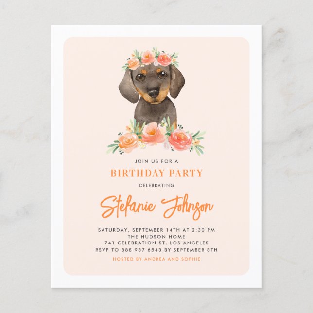 Dachshund and Peach Flowers Birthday Invitation (Front)