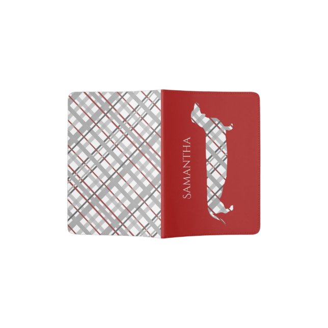 Dachshund and Plaid in Red Passport Holder (Opened)