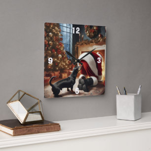 Dachshund and Santa Square Wall Clock