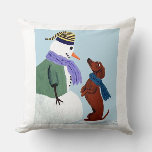 Dachshund And Snow Man Throw Pillow
