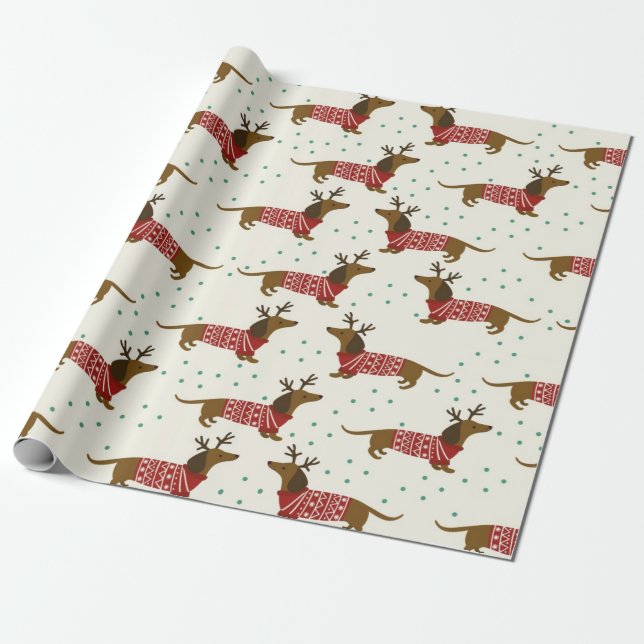 Dachshund And Snowflakes Christmas Pattern Wrapping Paper (Unrolled)