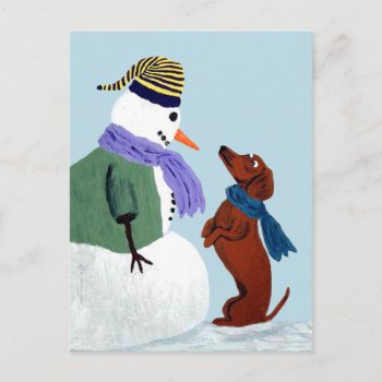 Dachshund And Snowman Postcard by Squirreldumplings at Zazzle