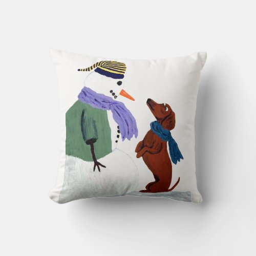 Dachshund And Snowman Throw Pillow