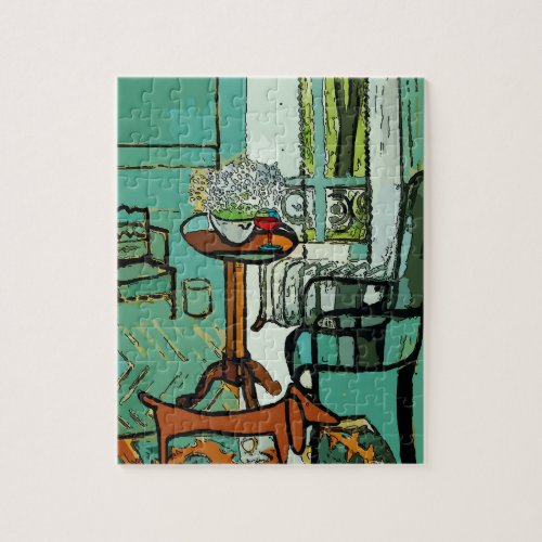 Dachshund and Wine in green Room Posters Jigsaw Puzzle