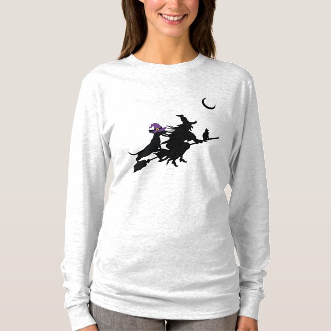 Dachshund and Witch Silhouette Halloween Shirt (Front)