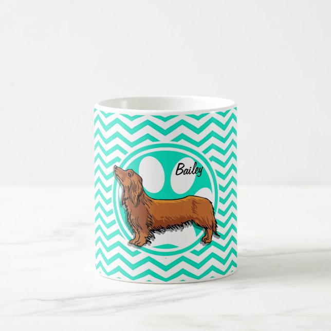 Dachshund; Aqua Green Chevron Coffee Mug (Center)
