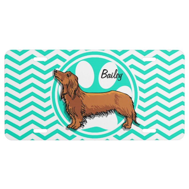 Dachshund; Aqua Green Chevron License Plate (Front)