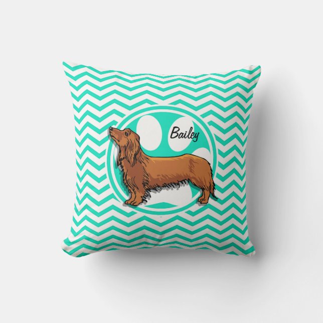 Dachshund; Aqua Green Chevron Throw Pillow (Front)