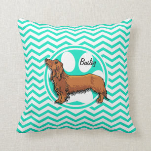Dachshund; Aqua Green Chevron Throw Pillow