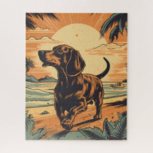 Dachshund at a tropical beach during sunset jigsaw puzzle