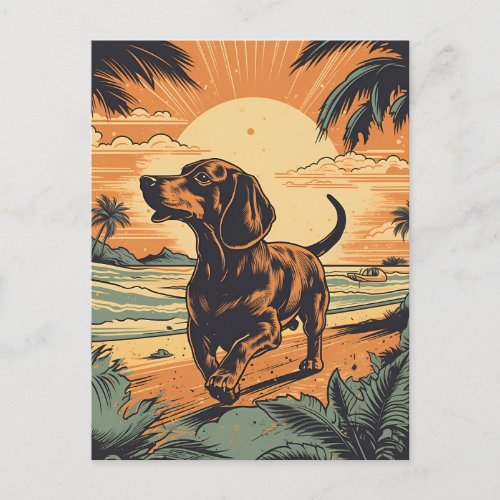 Dachshund at a tropical beach during sunset postcard