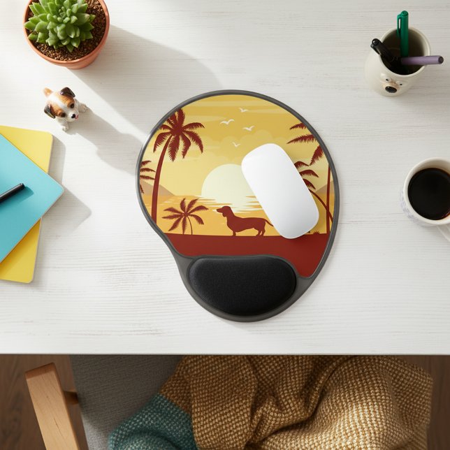 Dachshund Beach Sunset Office Gift  Gel Mouse Pad (Dachshund sunset mouse pad for beach lovers)