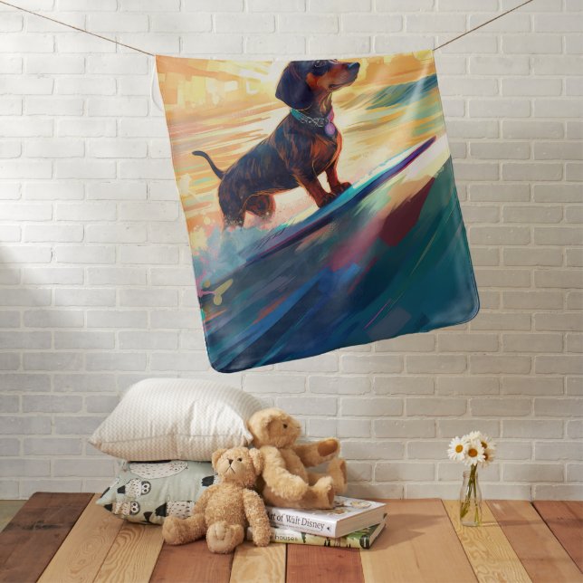 Dachshund Beach Surfing Painting Baby Blanket (In Situ)