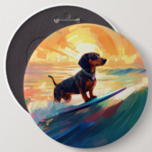 Dachshund Beach Surfing Painting Button