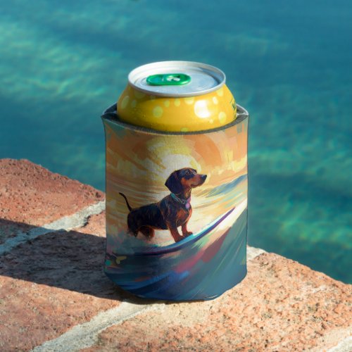Dachshund Beach Surfing Painting Can Cooler