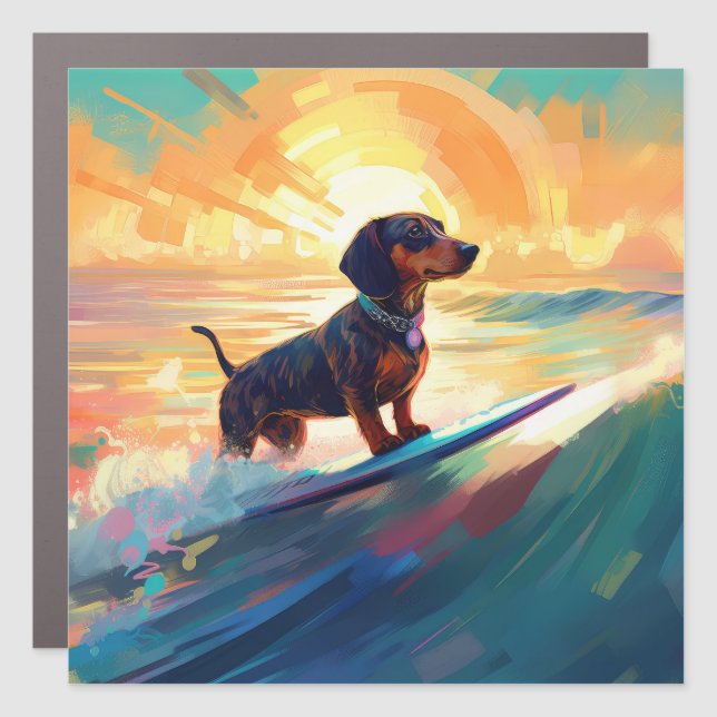 Dachshund Beach Surfing Painting Car Magnet (Front)