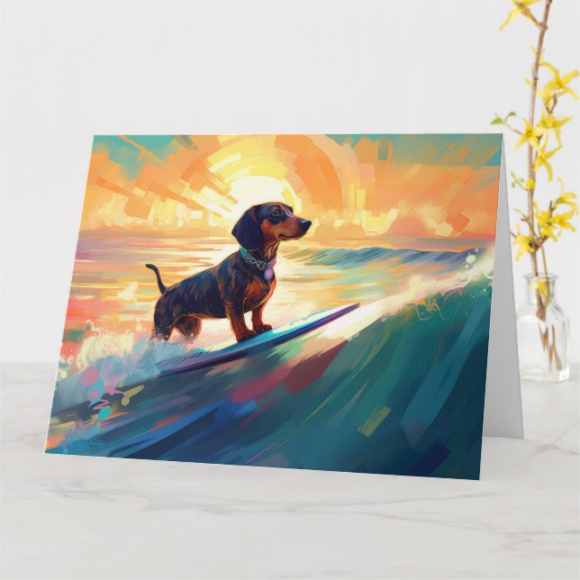 Dachshund Beach Surfing Painting Card (Yellow Flower)