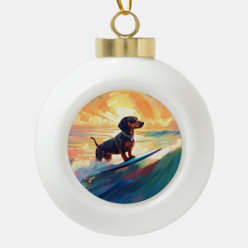 Dachshund Beach Surfing Painting Ceramic Ball Christmas Ornament