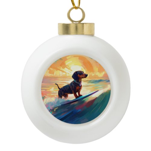 Dachshund Beach Surfing Painting Ceramic Ball Christmas Ornament