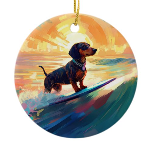 Dachshund Beach Surfing Painting Ceramic Ornament