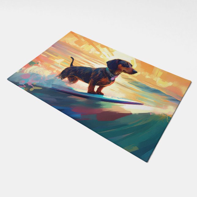 Dachshund Beach Surfing Painting Doormat (Angled)