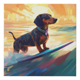 Dachshund Beach Surfing Painting Faux Canvas Print