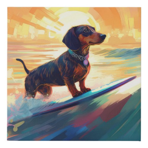 Dachshund Beach Surfing Painting Faux Canvas Print