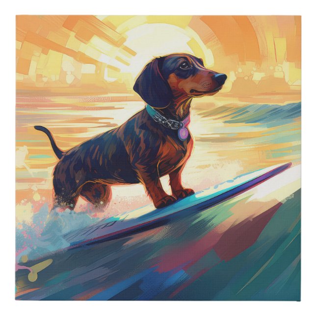 Dachshund Beach Surfing Painting Faux Canvas Print (Front)