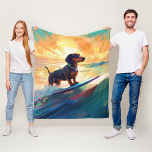 Dachshund Beach Surfing Painting Fleece Blanket