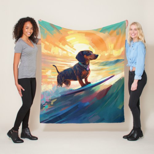 Dachshund Beach Surfing Painting Fleece Blanket