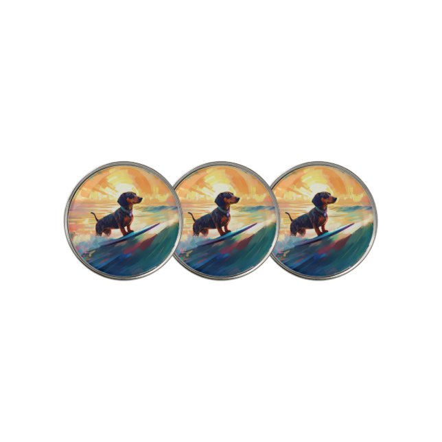 Dachshund Beach Surfing Painting Golf Ball Marker (3 Up)