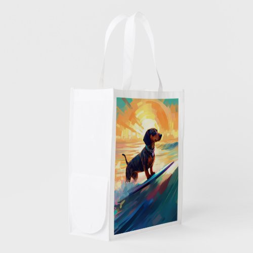 Dachshund Beach Surfing Painting Grocery Bag